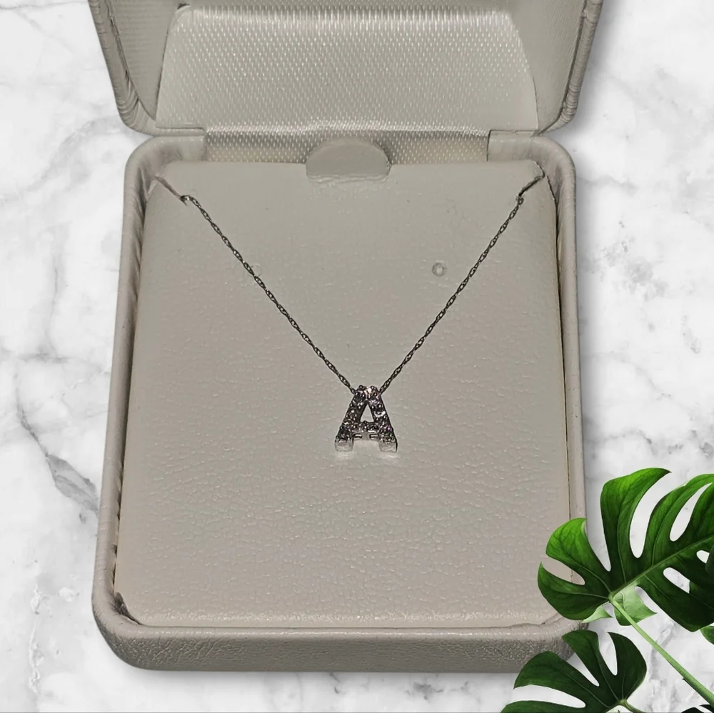 10K White Gold And Diamond "A" Initial Necklace - Picture 1 of 6
